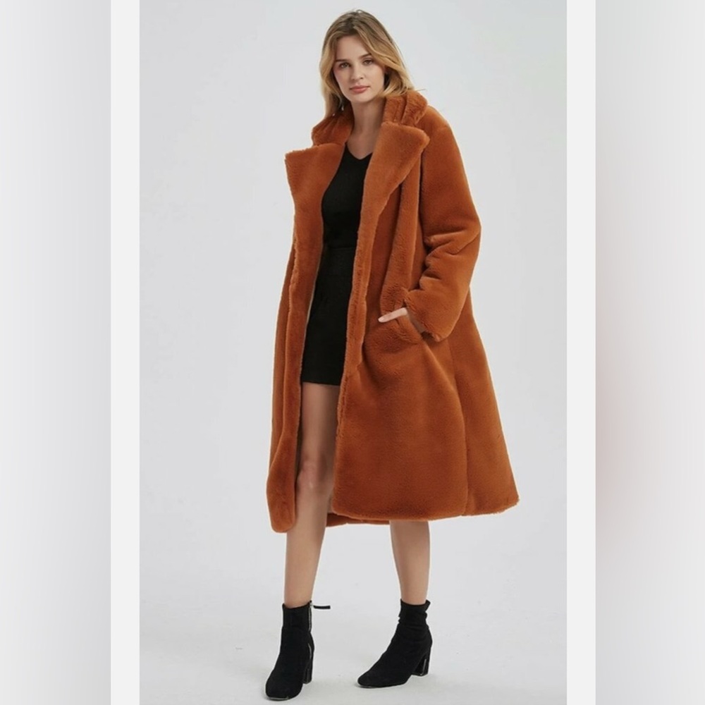 Easel Faux Fur Teddy Jacket Coat Rich Rust Orange Brown L
